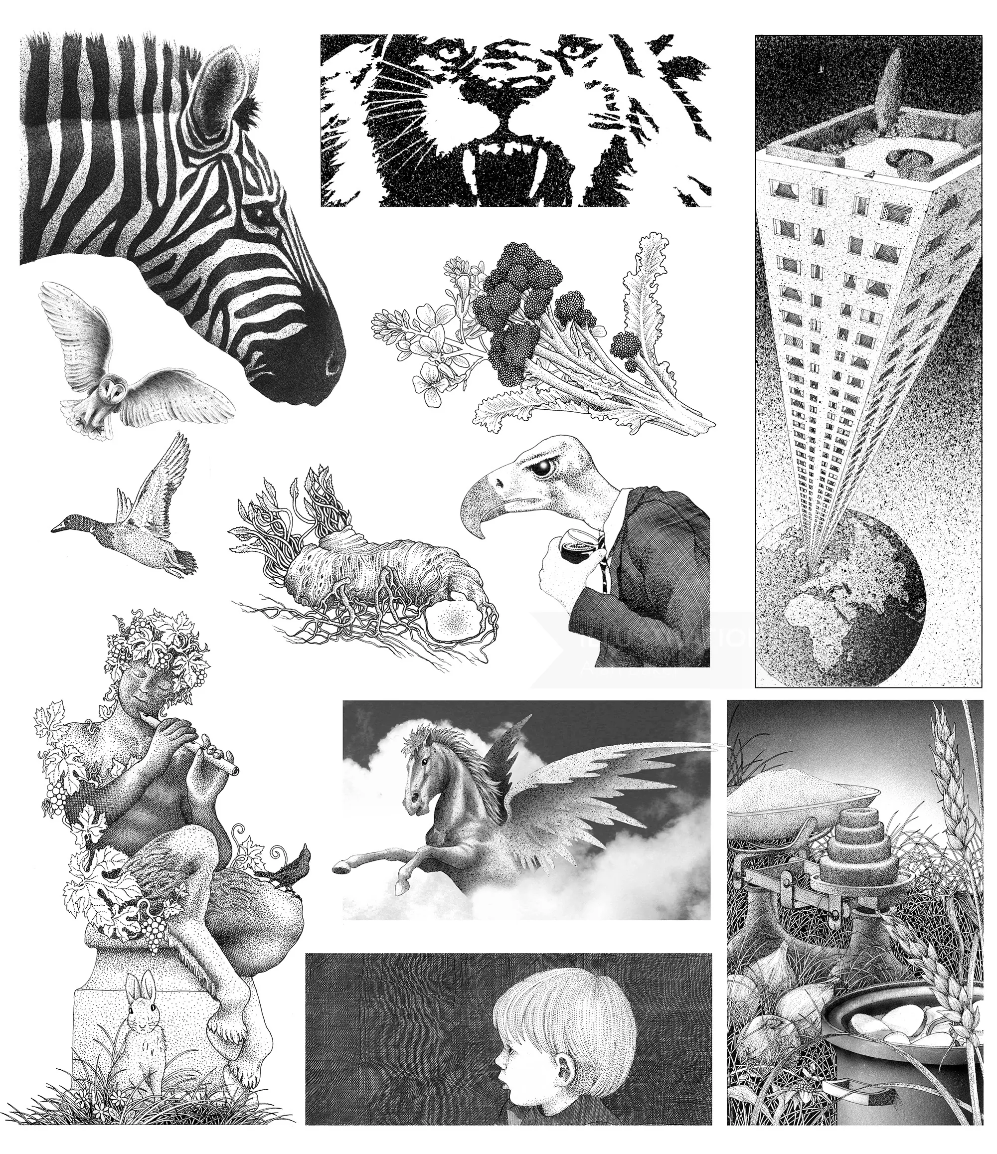 動物や物体の白黒のシュールなイラスト