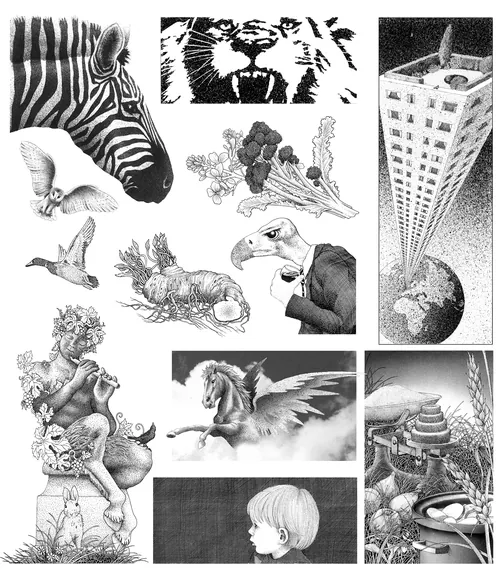 Ilustraciones surrealistas en blanco y negro de animales y objetos.