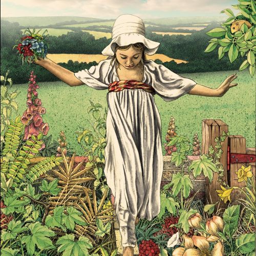 Young girl in white dress balancing on a garden wall with birds