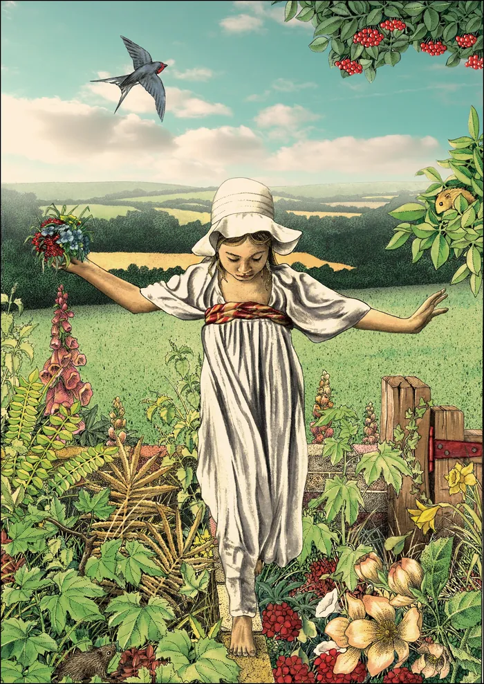 Young girl in white dress balancing on a garden wall with birds