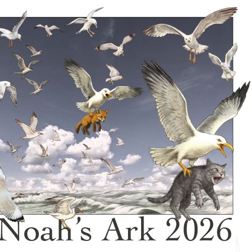 Seagulls carrying various animals over the sea, artwork by Alan Baker