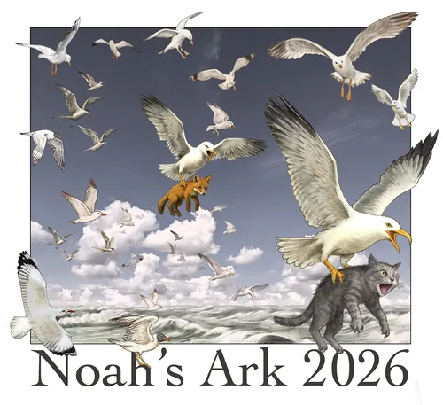 Gaviotas transportando diversos animales sobre el mar, obra de arte de Alan Baker