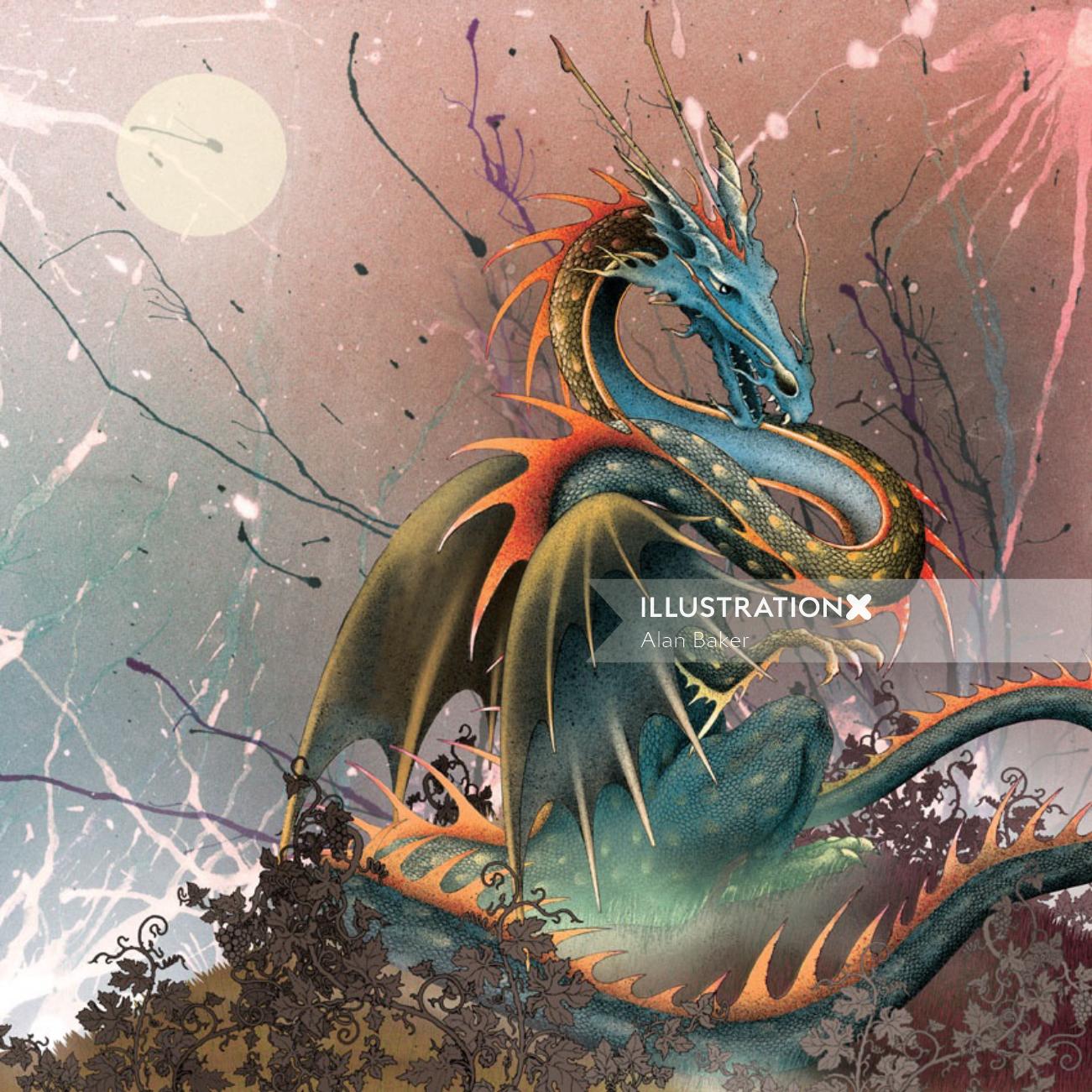 Dragon on a hill illustration by Alan Baker