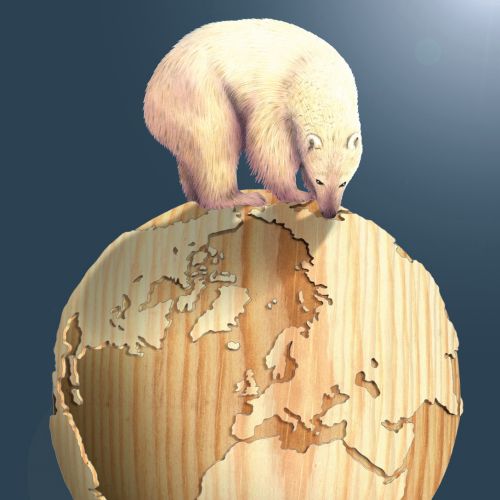 Polar bear on wooden globe - An illustration by Alan Baker