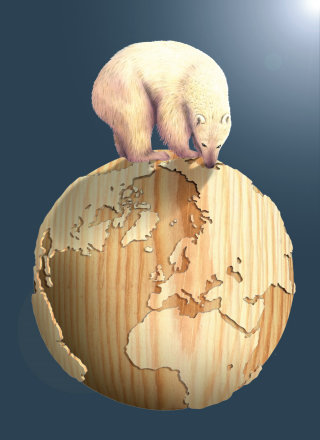 木製地球儀の上のホッキョクグマ - アラン・ベイカーによるイラスト