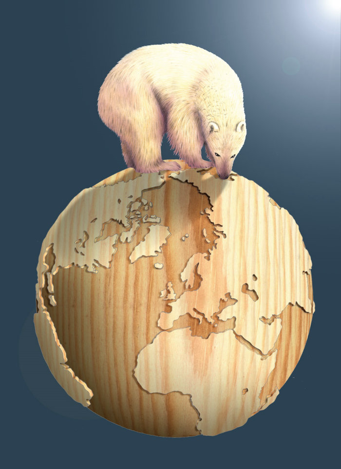 Polar bear on wooden globe - An illustration by Alan Baker