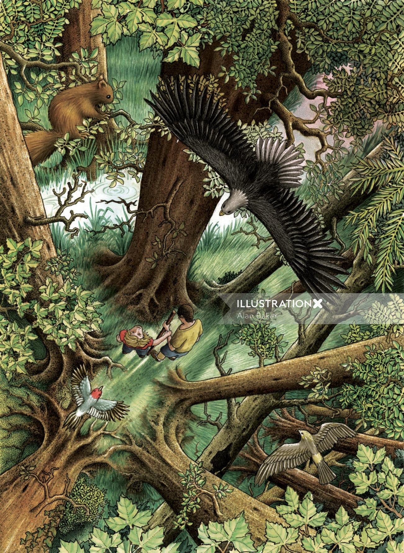 Écureuil, aigle dans l&#39;illustration de la forêt par Alan Baker
