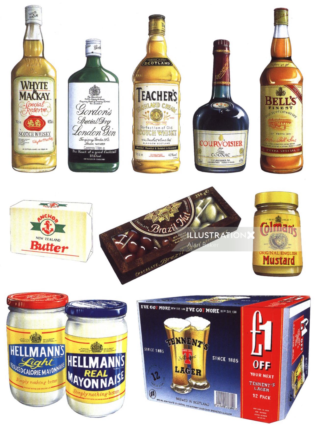 Illustration de whisky, chocolat, moutarde par Alan Baker