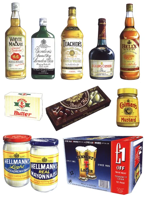 Ilustración de whisky, chocolate y mostaza de Alan Baker