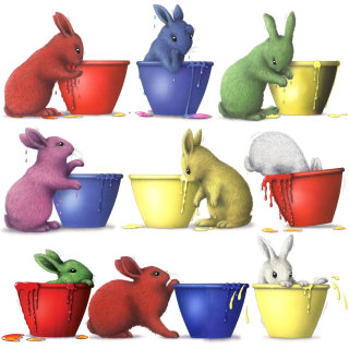 ilustração de coelhos em potes de tinta
