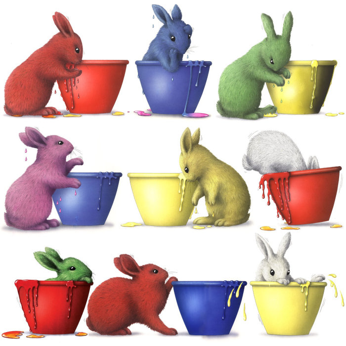 illustration of rabbits in paint pots