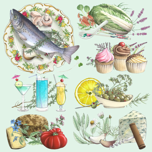 Ilustração de alimentos e bebidas por Alan Baker