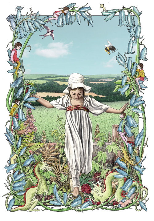 Menina em um jardim - uma ilustração de Alan Baker