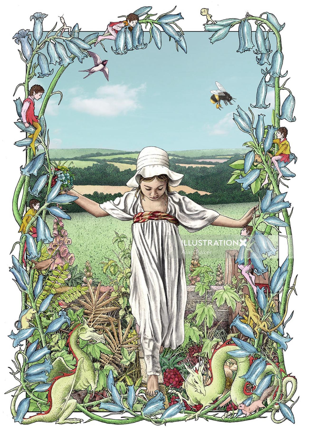 Girl in a garden - An illustration by Alan Baker