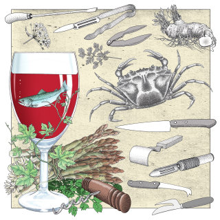 Ilustración de vinos y mariscos de Alan Baker