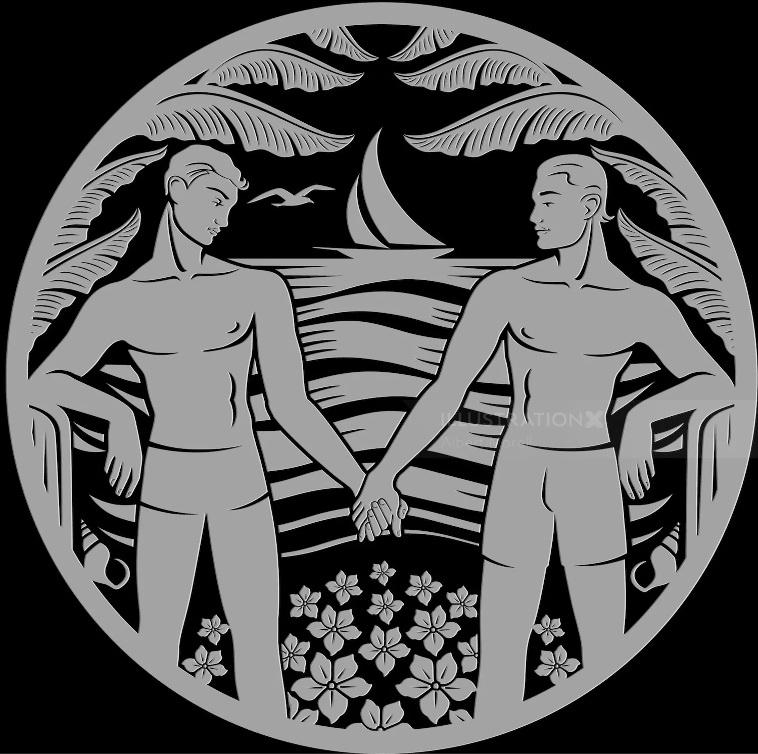 Two men holding hands near flowers with sailboat and birds by Albert Morell