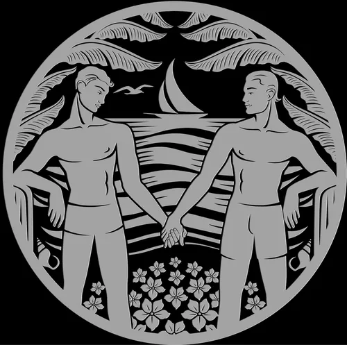 Two men holding hands near flowers with sailboat and birds by Albert Morell