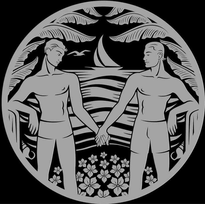 Two men holding hands near flowers with sailboat and birds by Albert Morell