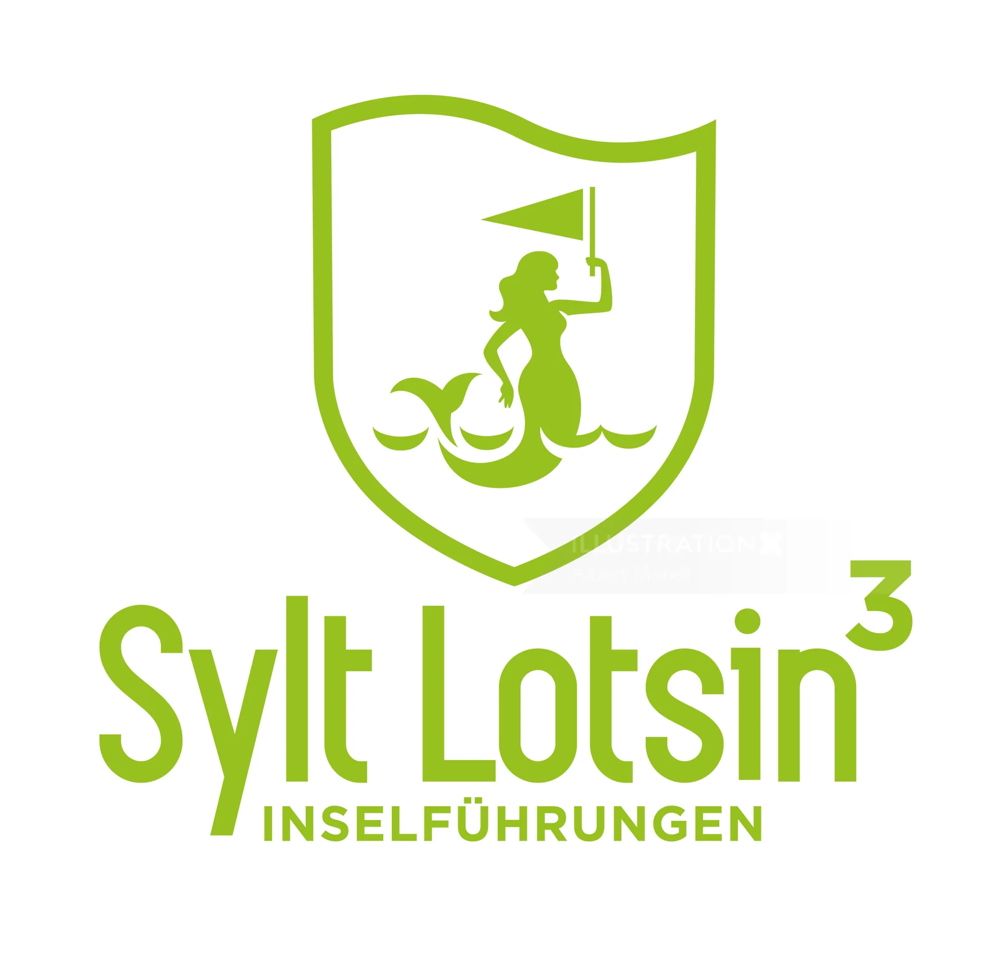 Green Sylt Lotsin logo with mermaid holding a flag inside a shield by Albert Morell