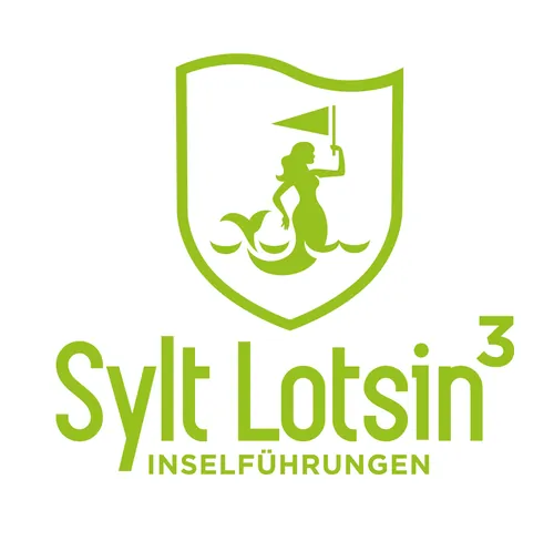 Green Sylt Lotsin logo with mermaid holding a flag inside a shield by Albert Morell