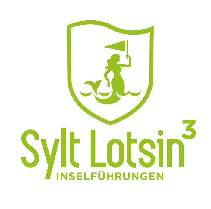 Green Sylt Lotsin logo with mermaid holding a flag inside a shield by Albert Morell