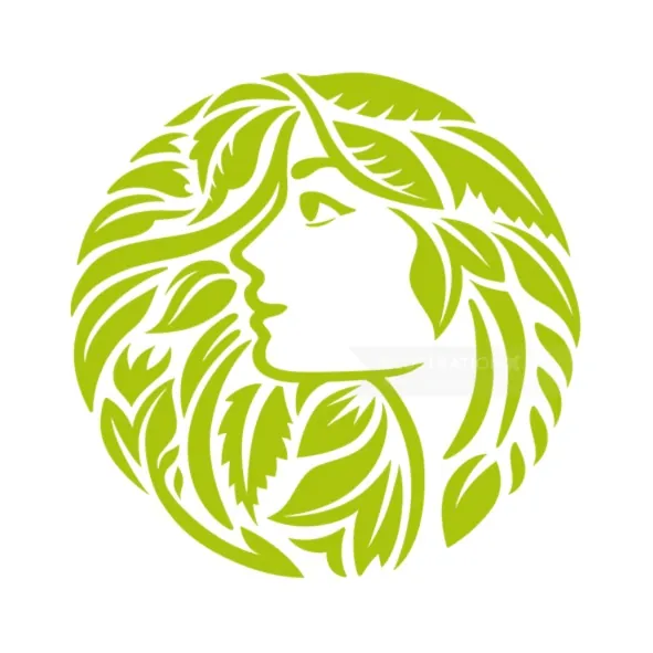 Green circular illustration of a woman with leaf hair by Albert Morell