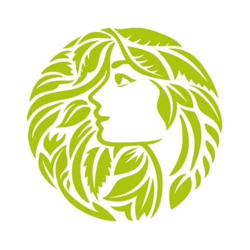 Green circular illustration of a woman with leaf hair by Albert Morell