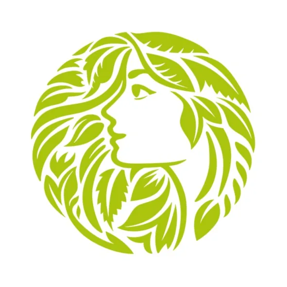 Green circular illustration of a woman with leaf hair by Albert Morell