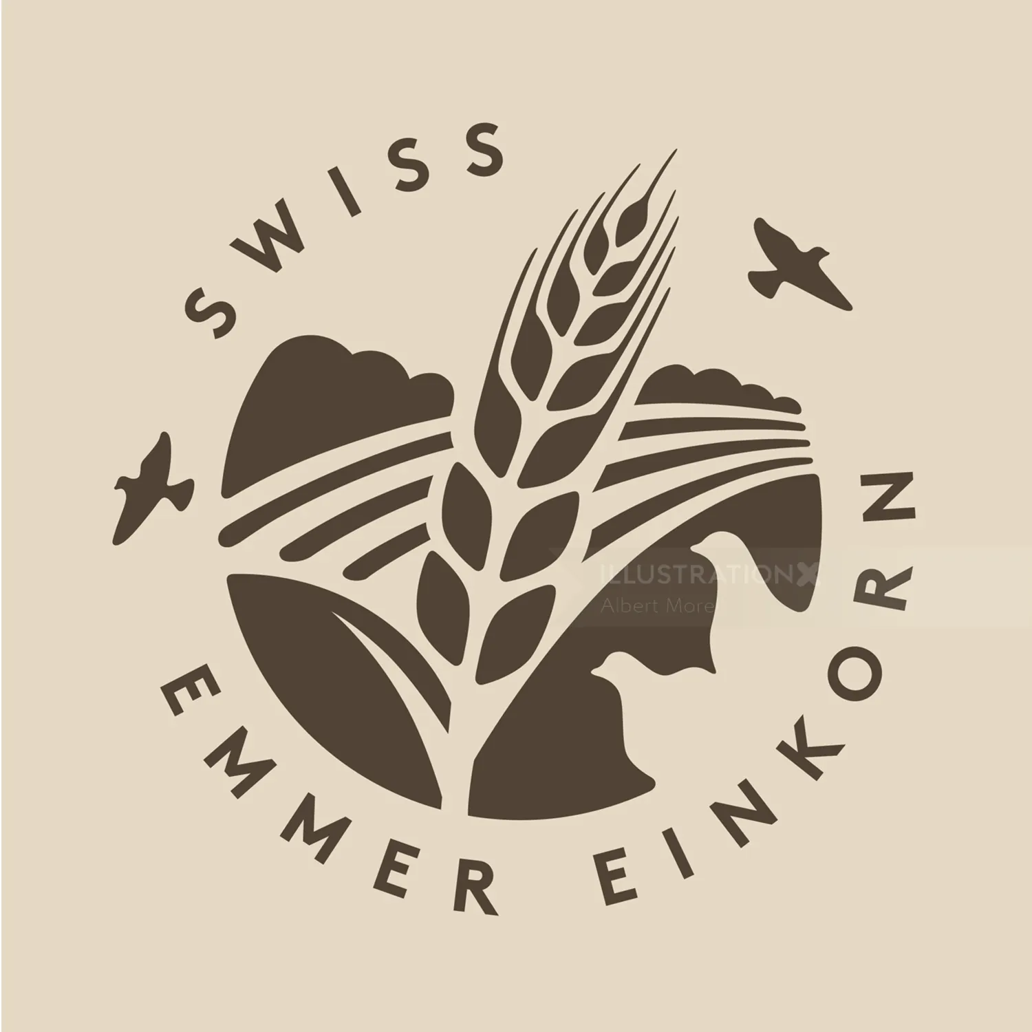Stylized Swiss Emmer Einkorn grain logo with mountains and birds by Albert Morell