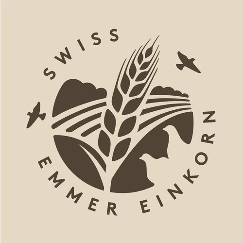 Stylized Swiss Emmer Einkorn grain logo with mountains and birds by Albert Morell