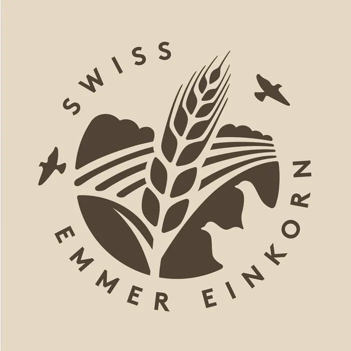 Stylized Swiss Emmer Einkorn grain logo with mountains and birds by Albert Morell