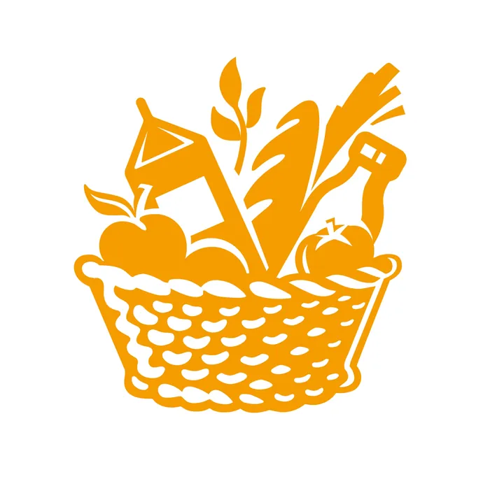 Orange grocery basket with food items by Albert Morell
