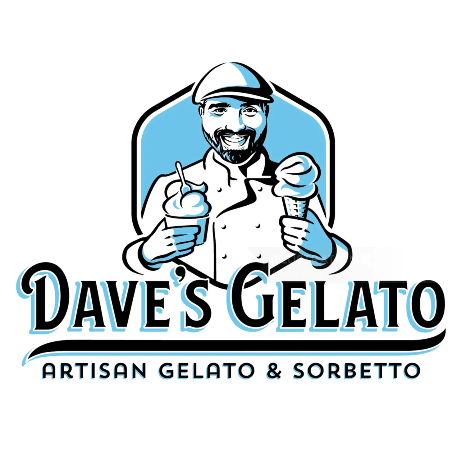 Logo of smiling gelato vendor holding two cones by Albert Morell