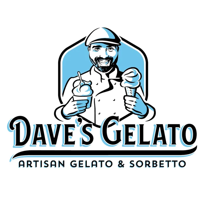 Logo of smiling gelato vendor holding two cones by Albert Morell