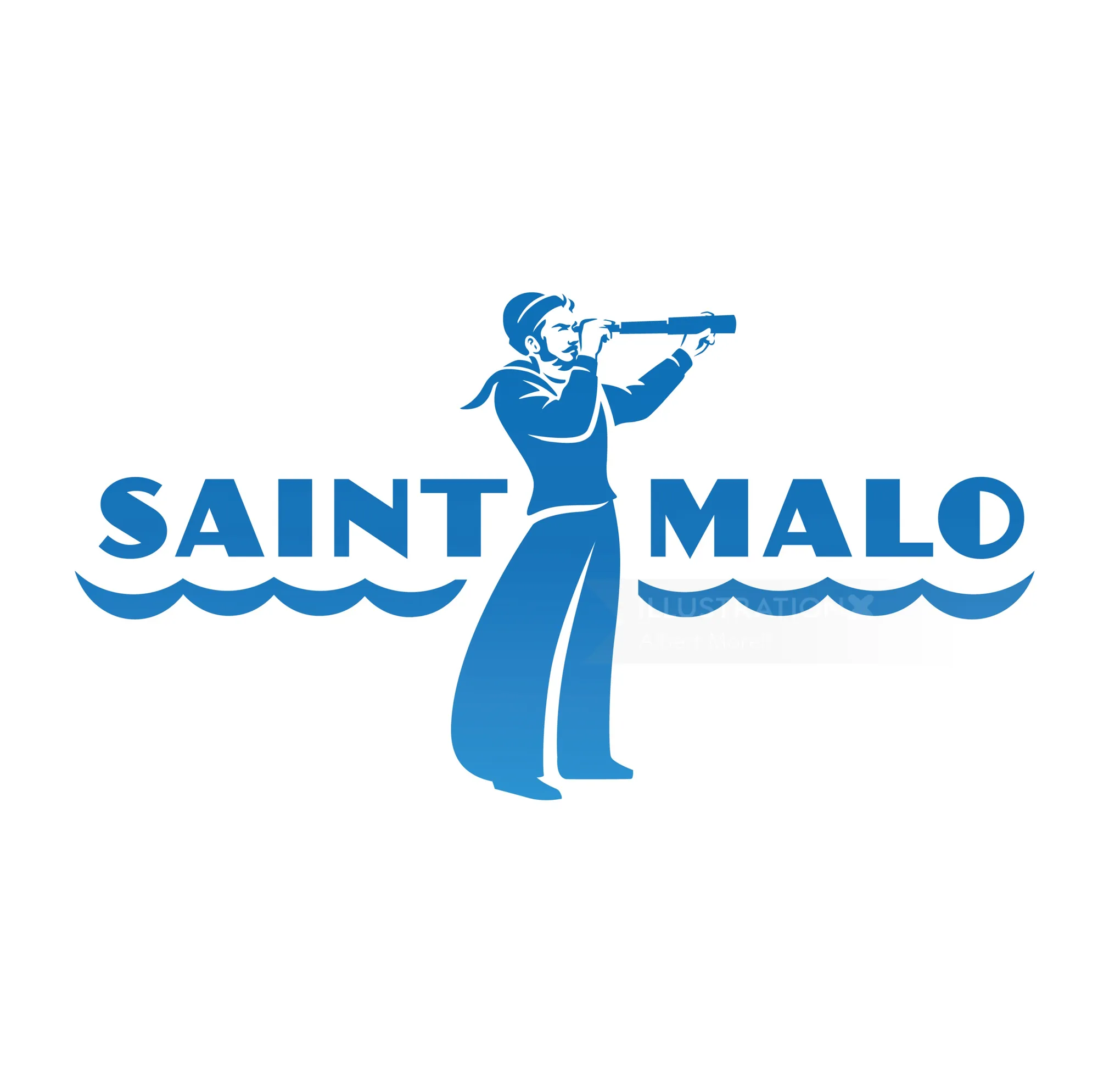 Silhouette of sailor with spyglass next to Saint Malo text by Albert Morell