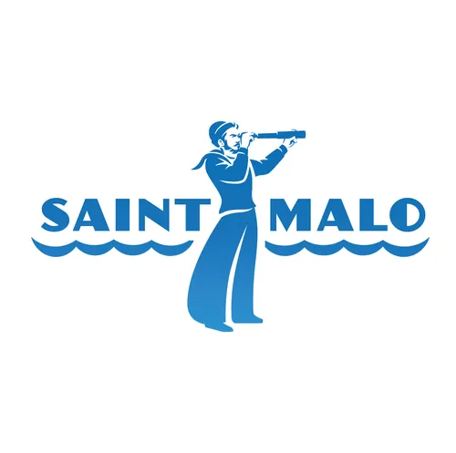 Silhouette of sailor with spyglass next to Saint Malo text by Albert Morell