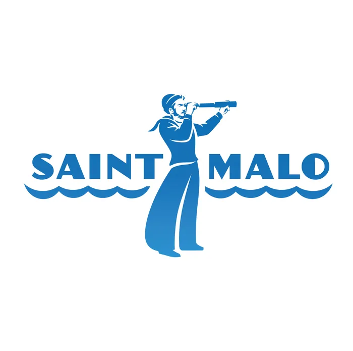Silhouette of sailor with spyglass next to Saint Malo text by Albert Morell