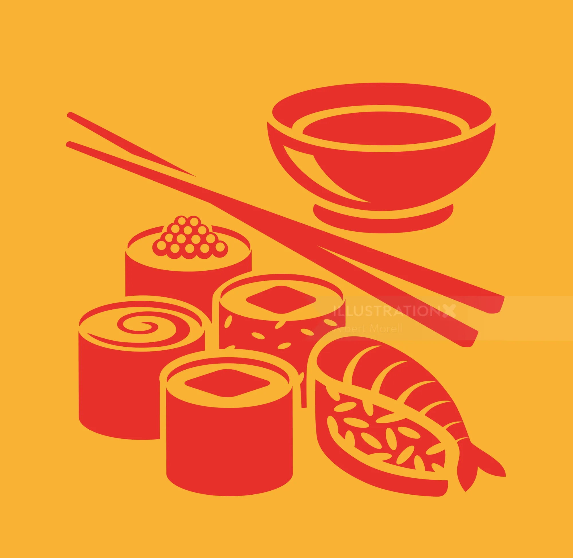 Minimalist sushi illustration with chopsticks and soy sauce bowl by Albert Morell