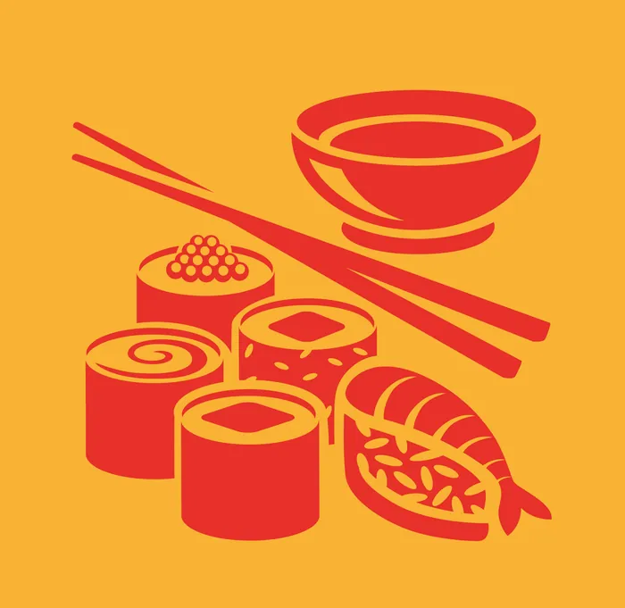 Minimalist sushi illustration with chopsticks and soy sauce bowl by Albert Morell
