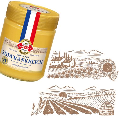 Jar of Bihophar Südfrankreich honey with French countryside drawing