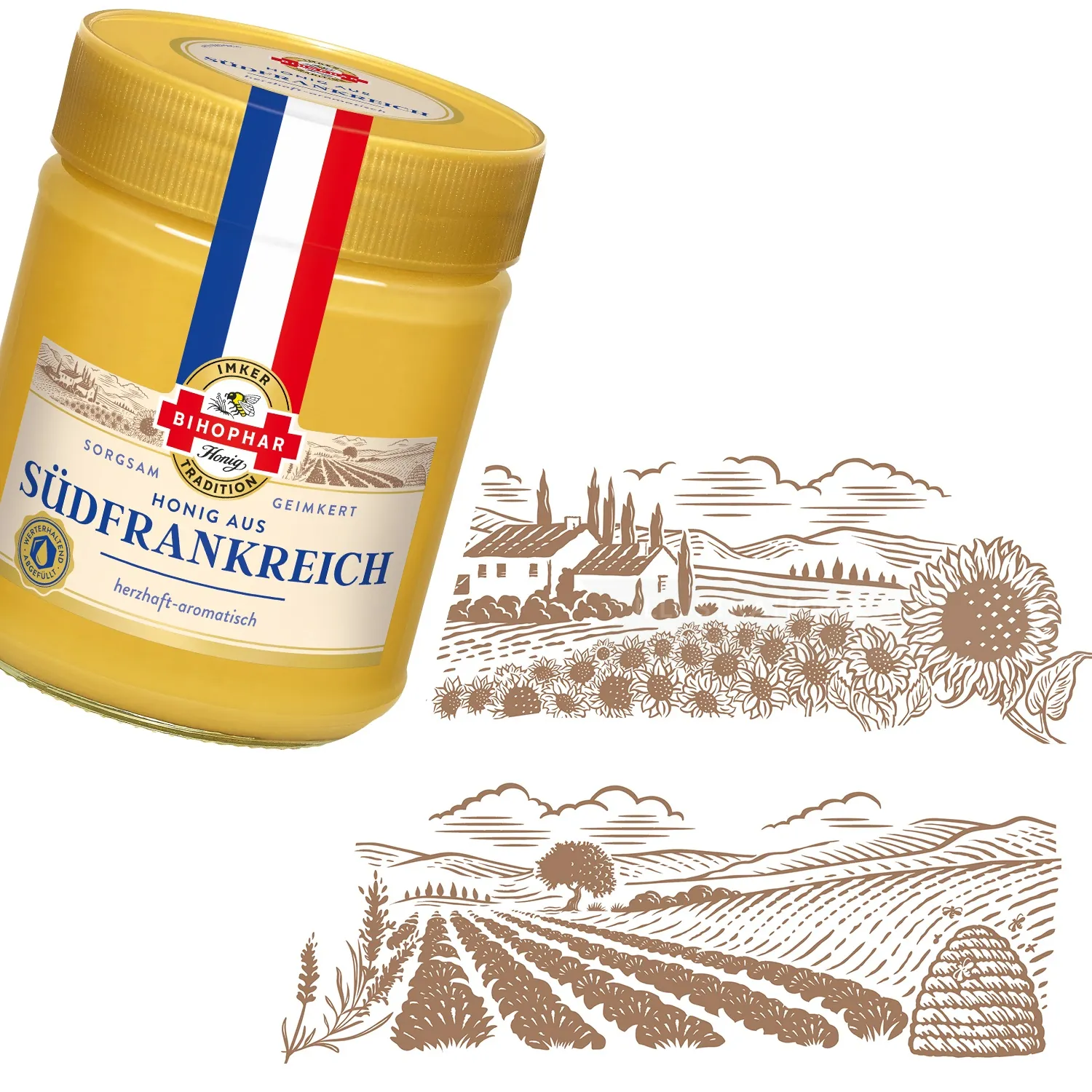 Jar of Bihophar Südfrankreich honey with French countryside drawing