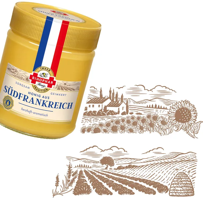 Jar of Bihophar Südfrankreich honey with French countryside drawing