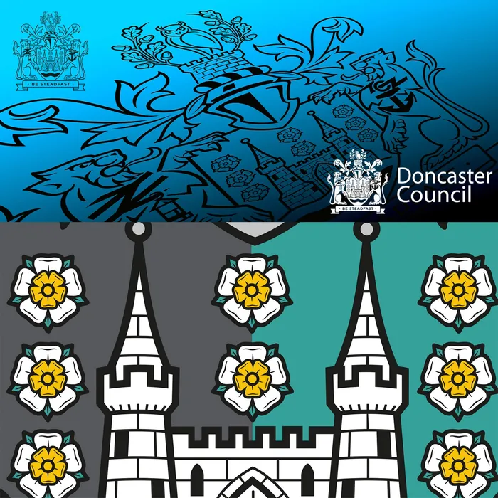 Doncaster Council emblem with castle towers and white roses on blue and gray background