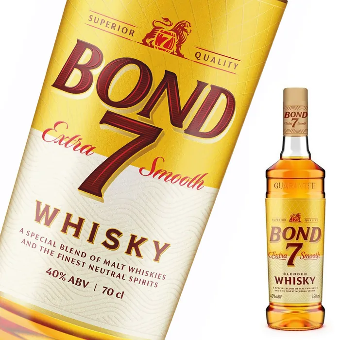 Bond 7 Smooth whisky bottle with golden label and amber whisky