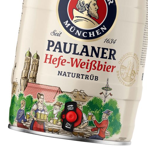 Paulaner Hefe-Weißbier keg featuring Munich landmarks and people