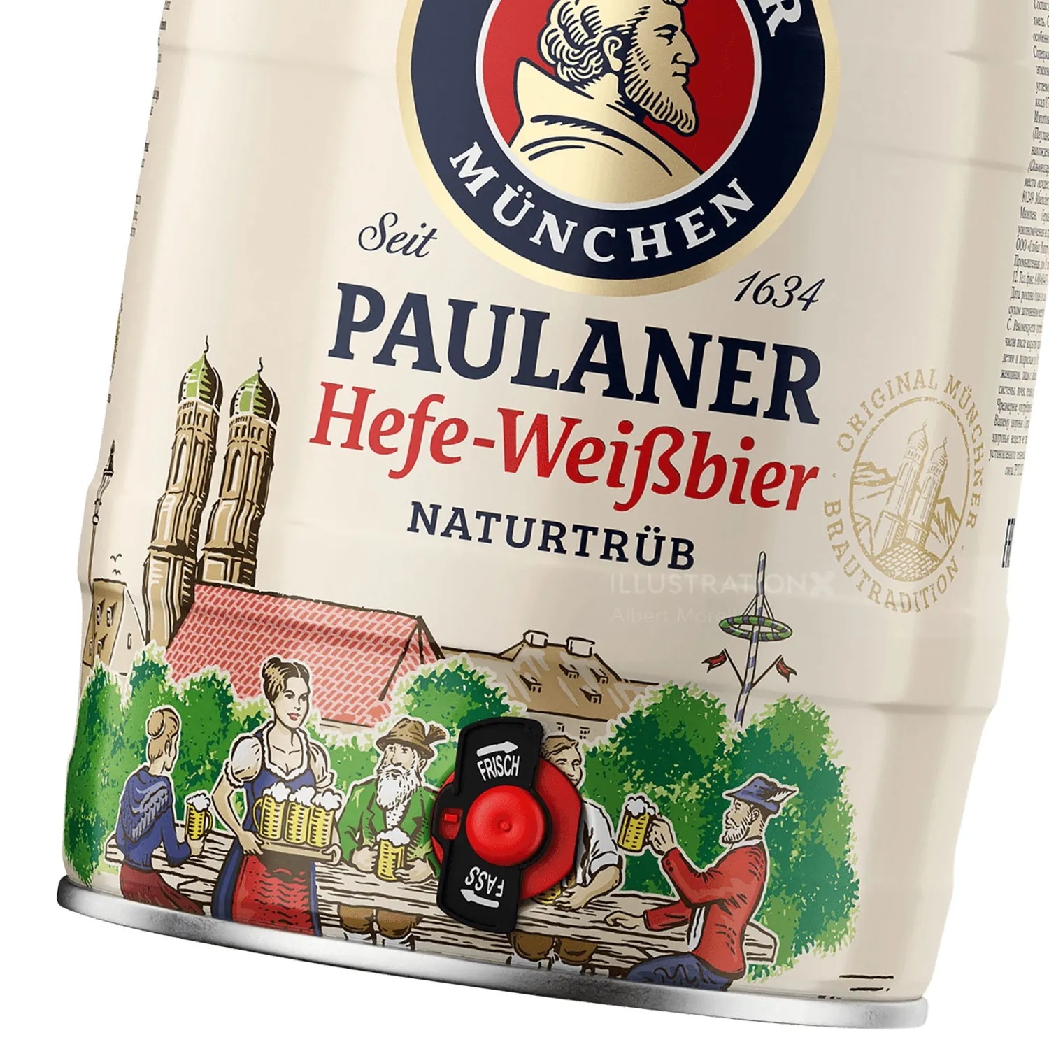 Paulaner Hefe-Weißbier keg featuring Munich landmarks and people