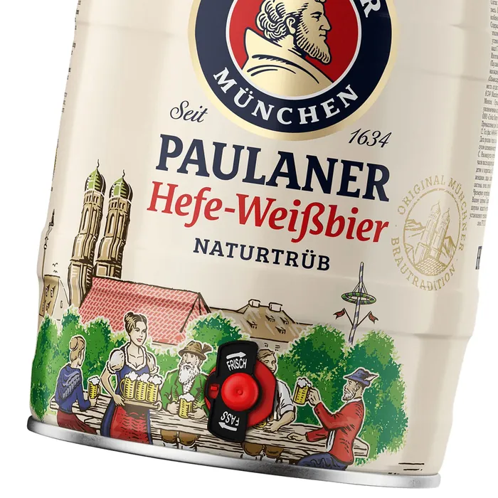 Paulaner Hefe-Weißbier keg featuring Munich landmarks and people