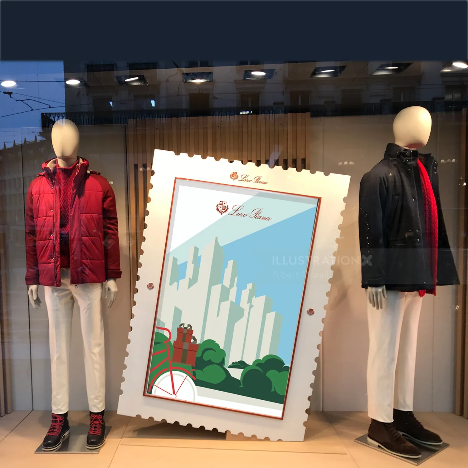 Mannequins wearing red and black jackets in a store window display