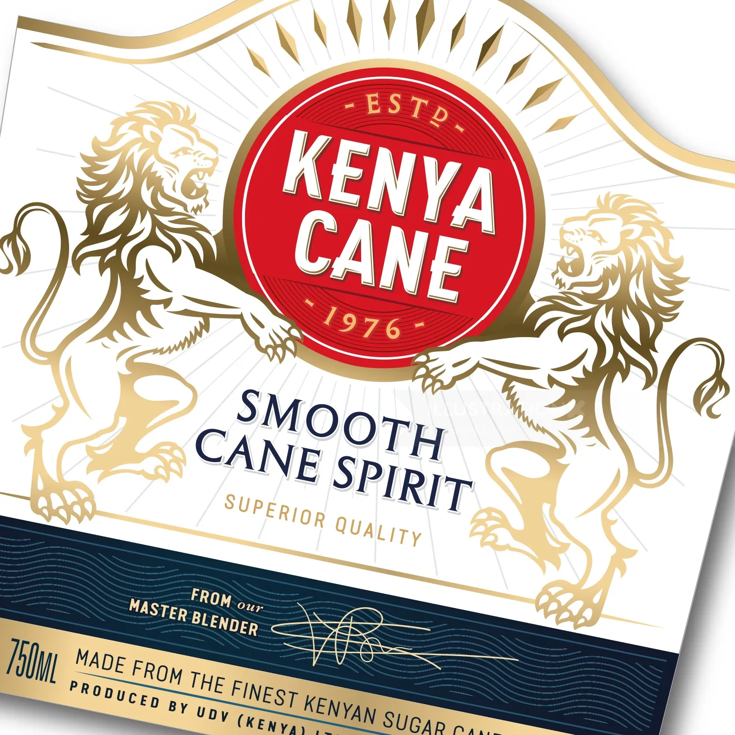 Kenya Cane smooth cane spirit label with two lions and red emblem