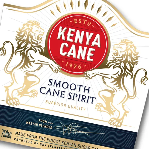 Kenya Cane smooth cane spirit label with two lions and red emblem
